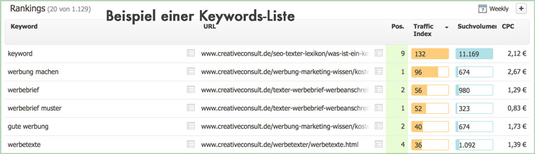 Beispiel einer Keywordliste mit Suchvloumen und Traffic